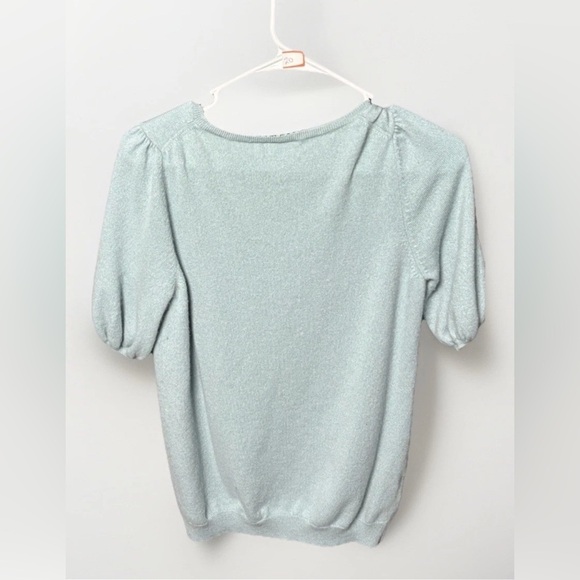 Ann Taylor 100% Cashmere Sweater M Blue Ruffle Front Short Sleeve Pullover Top - Picture 4 of 4